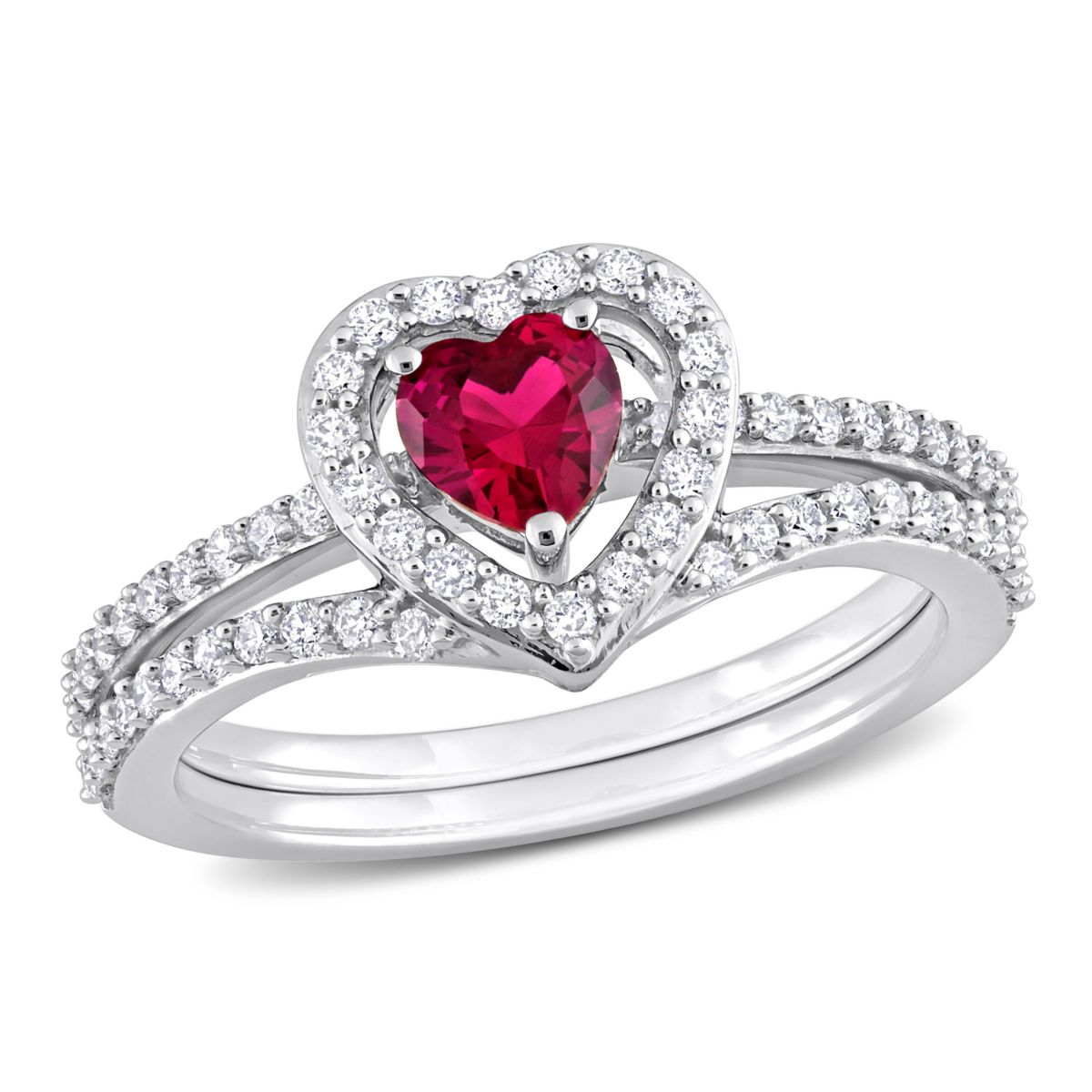 Lab Created Created Ruby and 1/2 ct. t.w. Diamond Bridal Ring Set in 10K White Gold