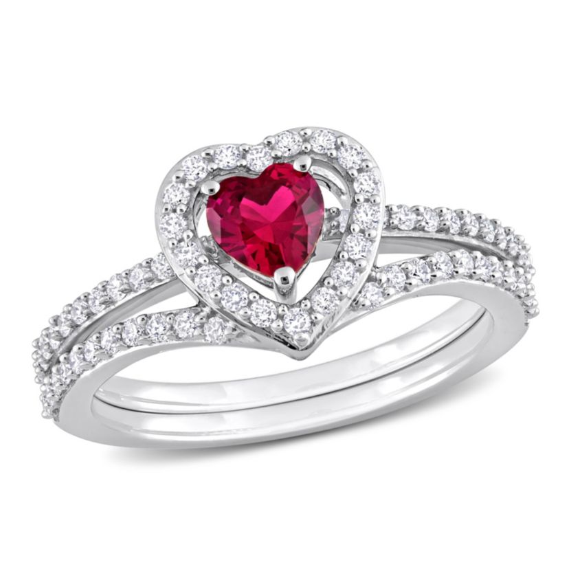 Lab Created Created Ruby and 1/2 ct. t.w. Diamond Bridal Ring Set in 10K White Gold
