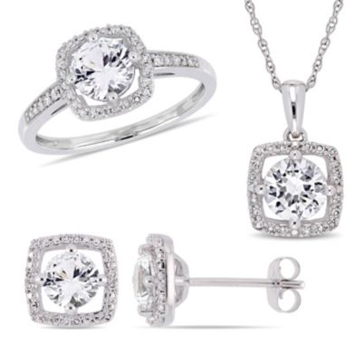 Belk & Co Lab Created 3-Pc Set of Created White Sapphire and 1/3 ct. t.w. Diamond Square Halo Ring, Earrings and Pendant with Chain in 10K White -  0620400383543