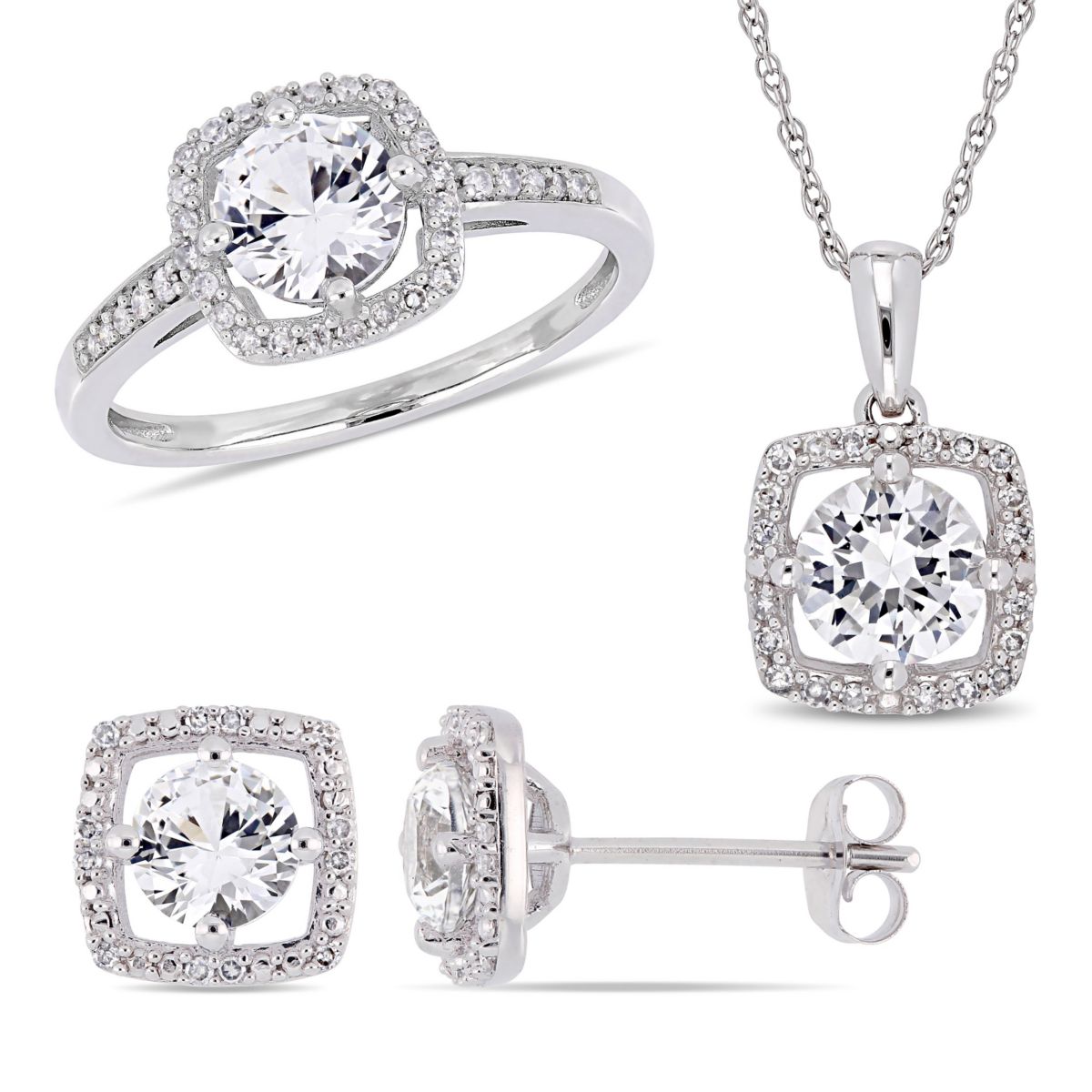 Lab Created 3-Pc Set of Created White Sapphire and 1/3 ct. t.w. Diamond Square Halo Ring, Earrings and Pendant with Chain in 10K White Gold