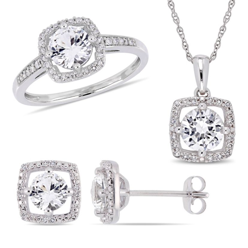 Lab Created 3-Pc Set of Created White Sapphire and 1/3 ct. t.w. Diamond Square Halo Ring, Earrings and Pendant with Chain in 10K White Gold