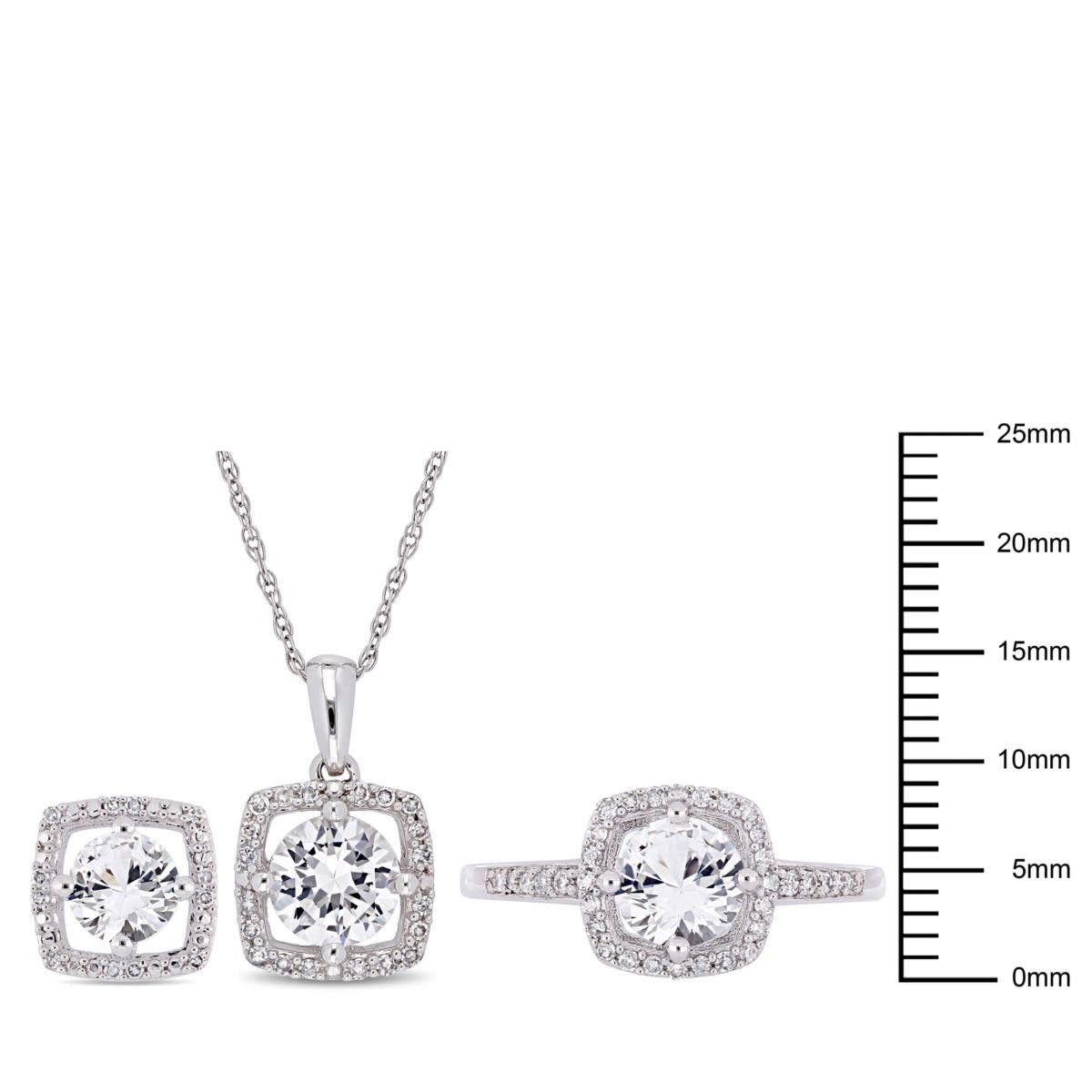 Lab Created 3-Pc Set of Created White Sapphire and 1/3 ct. t.w. Diamond Square Halo Ring, Earrings and Pendant with Chain in 10K White Gold