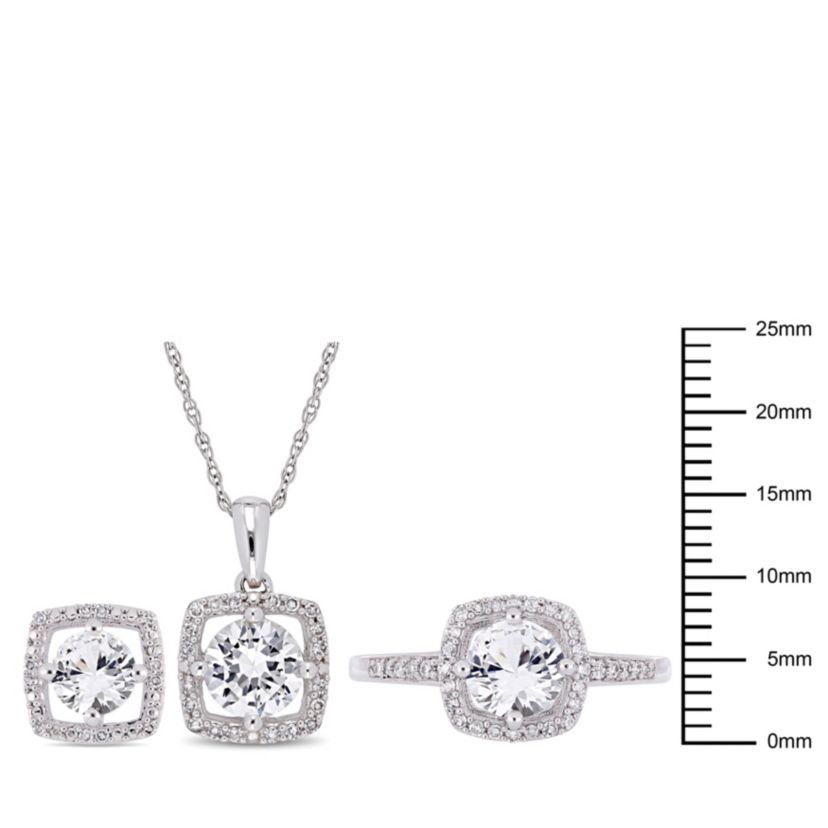 Lab Created 3-Pc Set of Created White Sapphire and 1/3 ct. t.w. Diamond Square Halo Ring, Earrings and Pendant with Chain in 10K White Gold