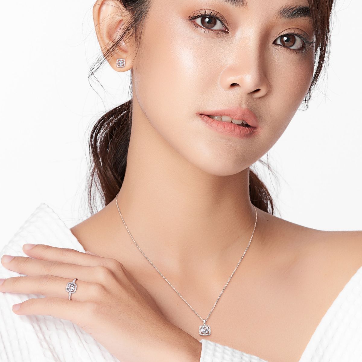 Lab Created 3-Pc Set of Created White Sapphire and 1/3 ct. t.w. Diamond Square Halo Ring, Earrings and Pendant with Chain in 10K White Gold