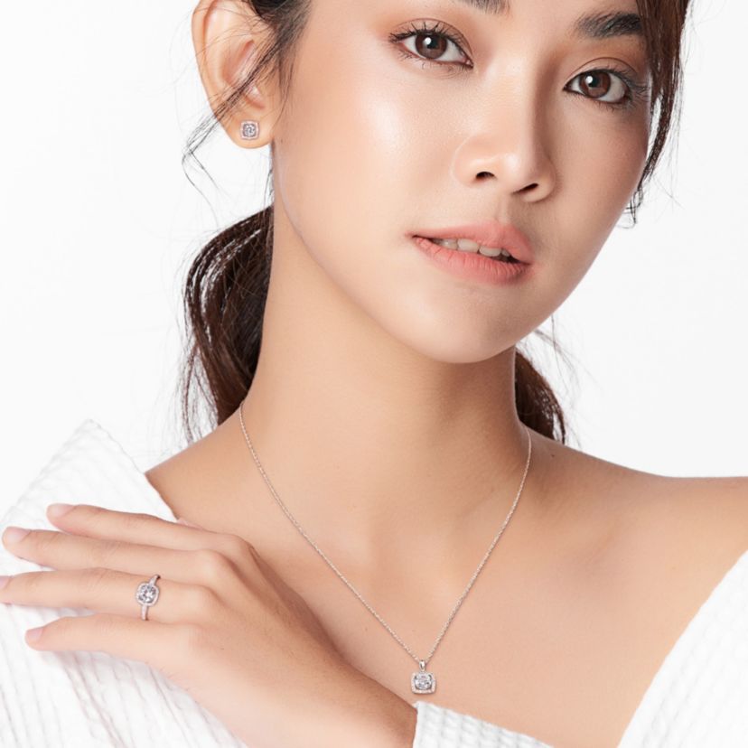 Lab Created 3-Pc Set of Created White Sapphire and 1/3 ct. t.w. Diamond Square Halo Ring, Earrings and Pendant with Chain in 10K White Gold