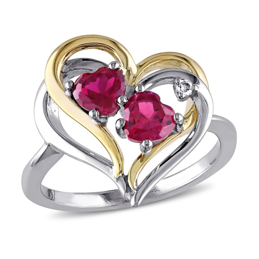 Lab Created Created Ruby and Diamond Accent Double Heart Ring in 2-Tone  Sterling Silver