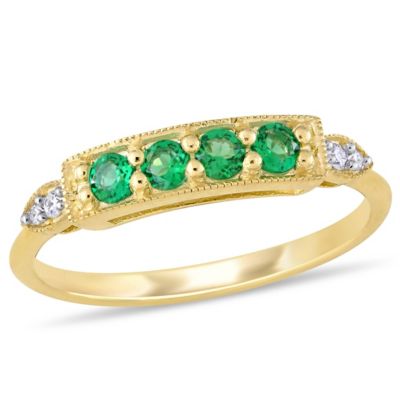 Lab Created Emerald and Diamond Accent Bar Ring 10K Yellow Gold