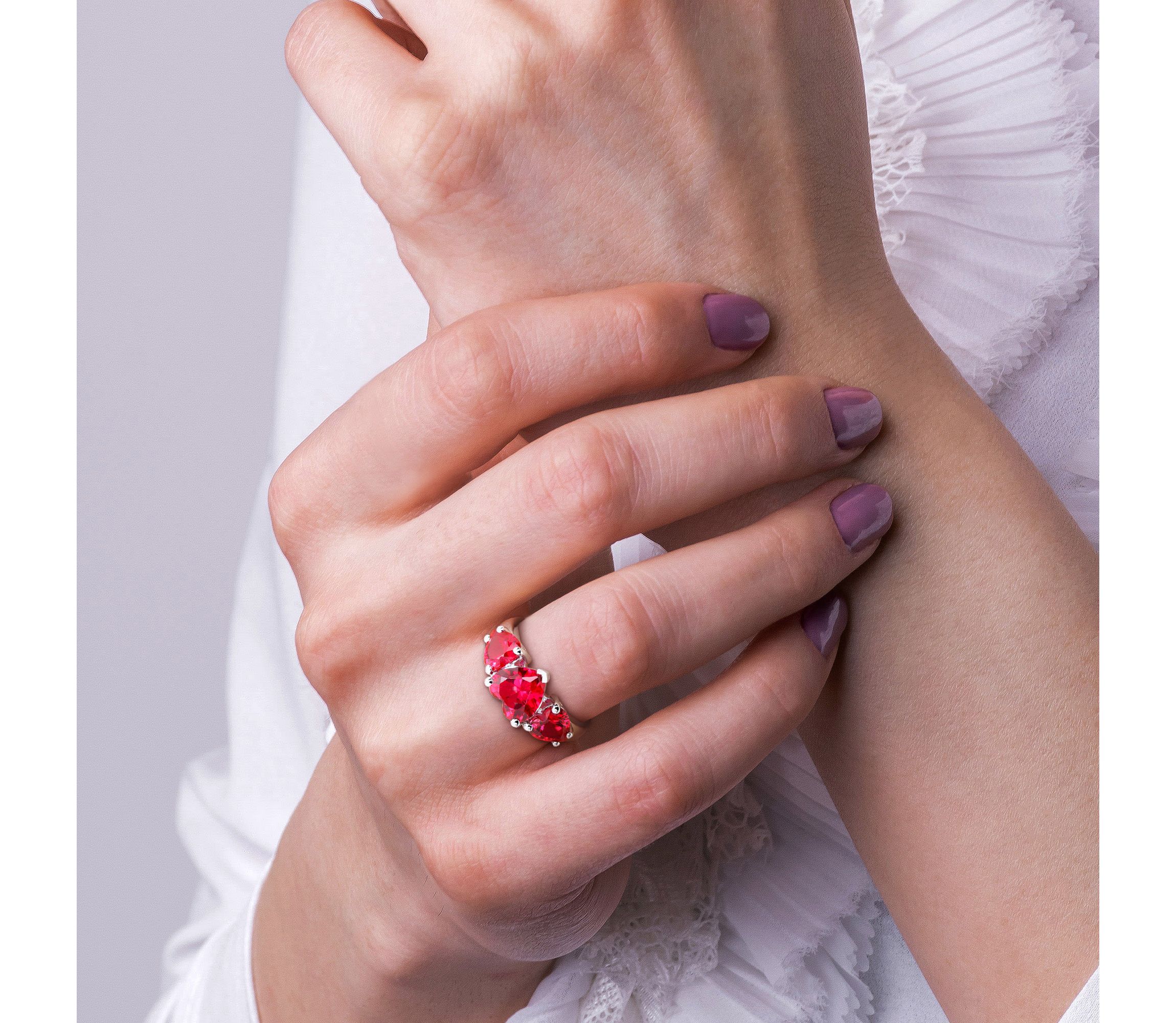 Lab Created Created Ruby 3-Stone Heart Ring in Sterling Silver