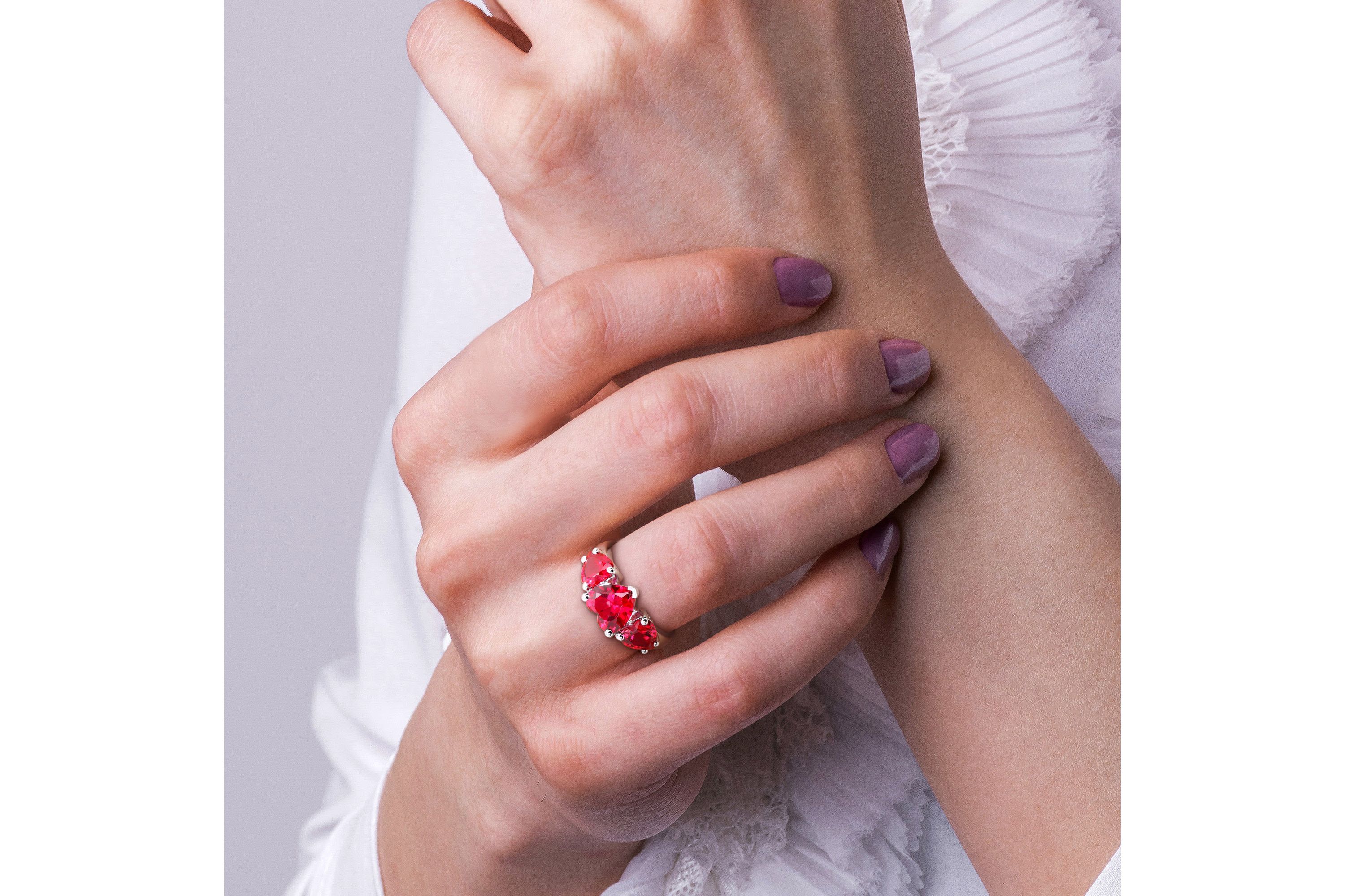 Lab Created Created Ruby 3-Stone Heart Ring in Sterling Silver