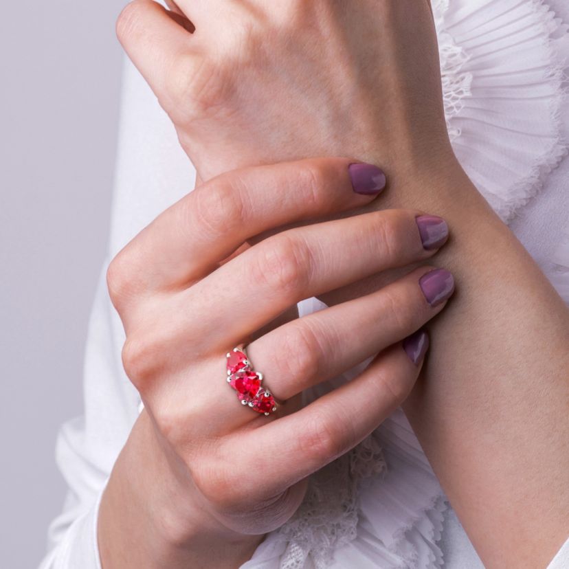 Lab Created Created Ruby 3-Stone Heart Ring in Sterling Silver