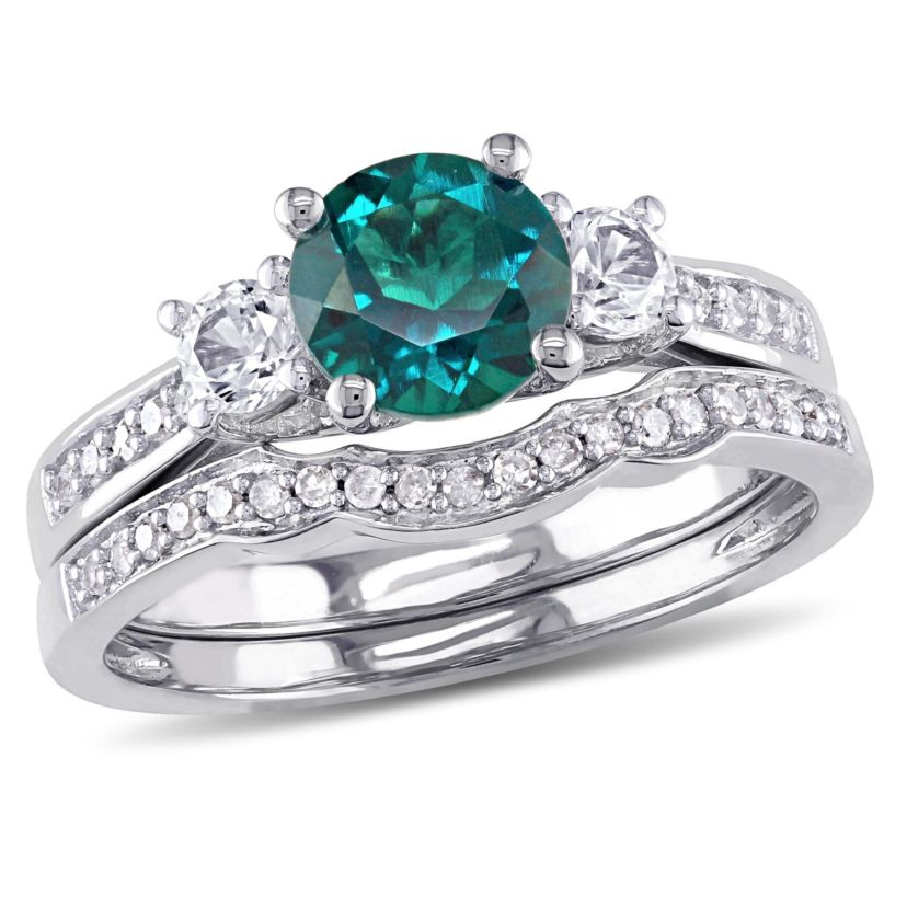 Lab Created Created Emerald and Created White Sapphire with 1/7 ct. t.w. Diamond 3-Stone Vintage Bridal Ring Set in 10K White Gold