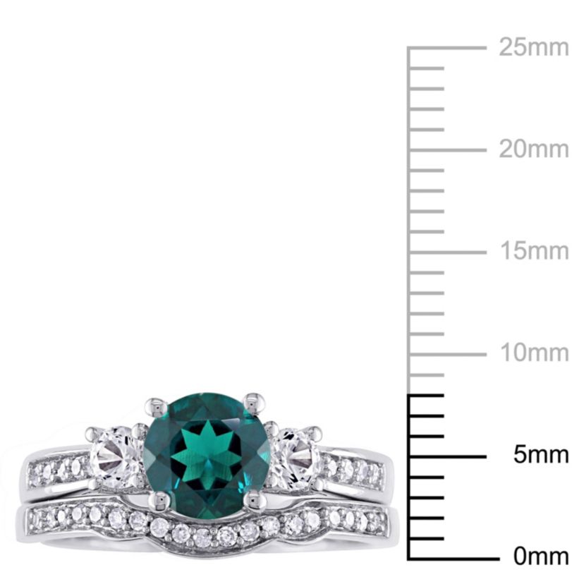 Lab Created Created Emerald and Created White Sapphire with 1/7 ct. t.w. Diamond 3-Stone Vintage Bridal Ring Set in 10K White Gold