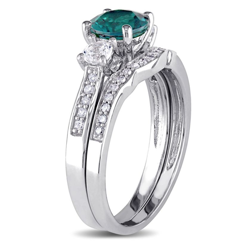 Lab Created Created Emerald and Created White Sapphire with 1/7 ct. t.w. Diamond 3-Stone Vintage Bridal Ring Set in 10K White Gold