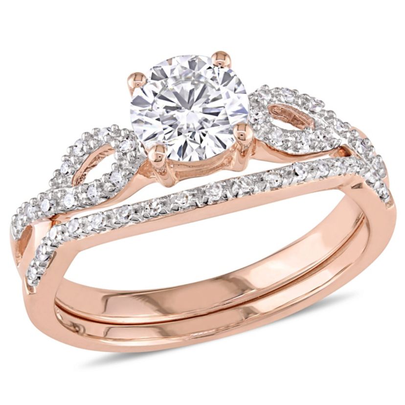 Lab Created Created White Sapphire and 1/7 ct. t.w. Diamond Bridal Ring Set in 10K Rose Gold