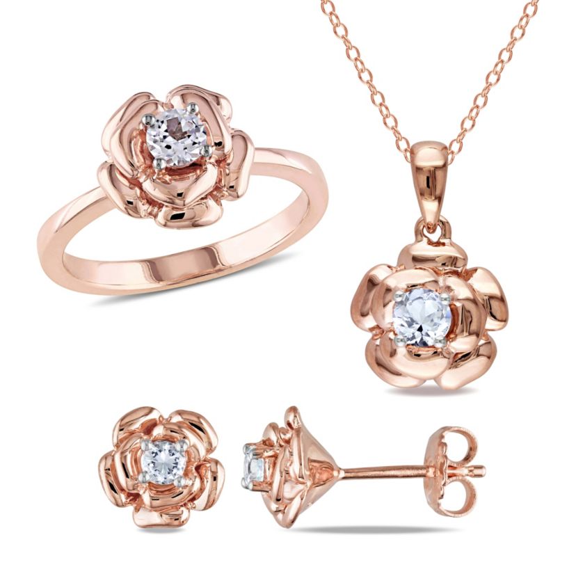 Lab Created 3-Pc Set of Created White Sapphire Floral Ring, Earrings and Pendant with Chain in Rose Plated Sterling Silver
