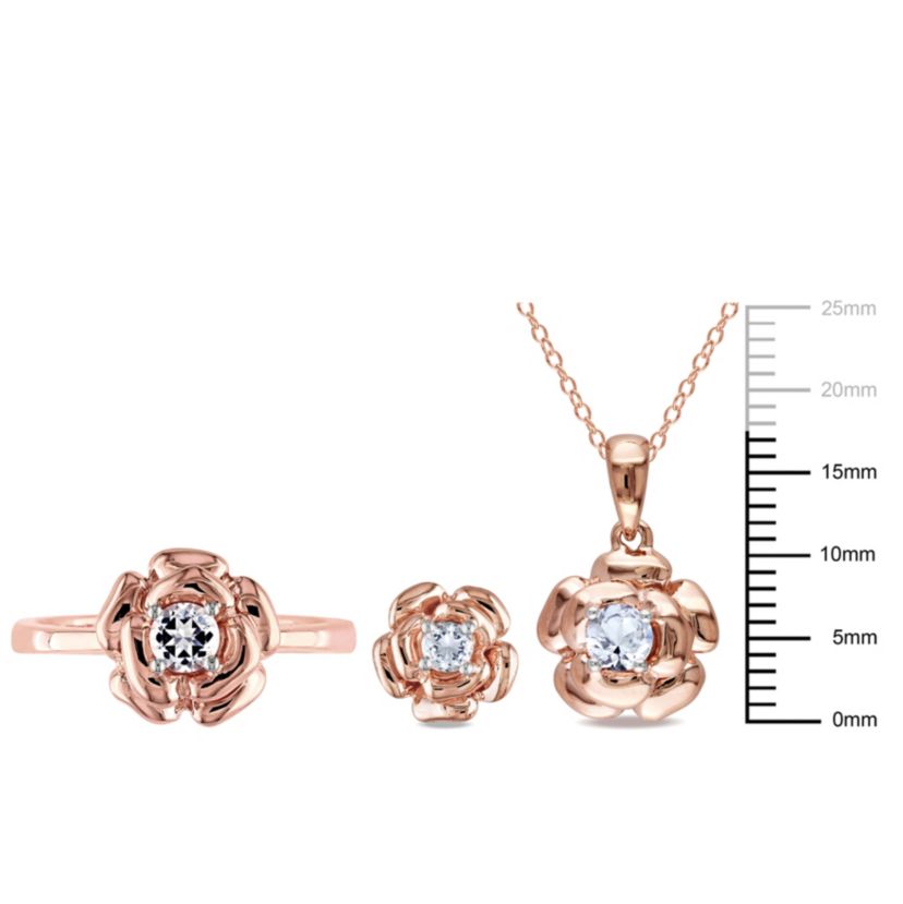 Lab Created 3-Pc Set of Created White Sapphire Floral Ring, Earrings and Pendant with Chain in Rose Plated Sterling Silver