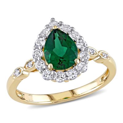 Belk & Co Lab Created Emeraldand White Topaz with Diamond Accent Teardrop Halo Ring in 10K Yellow Gold