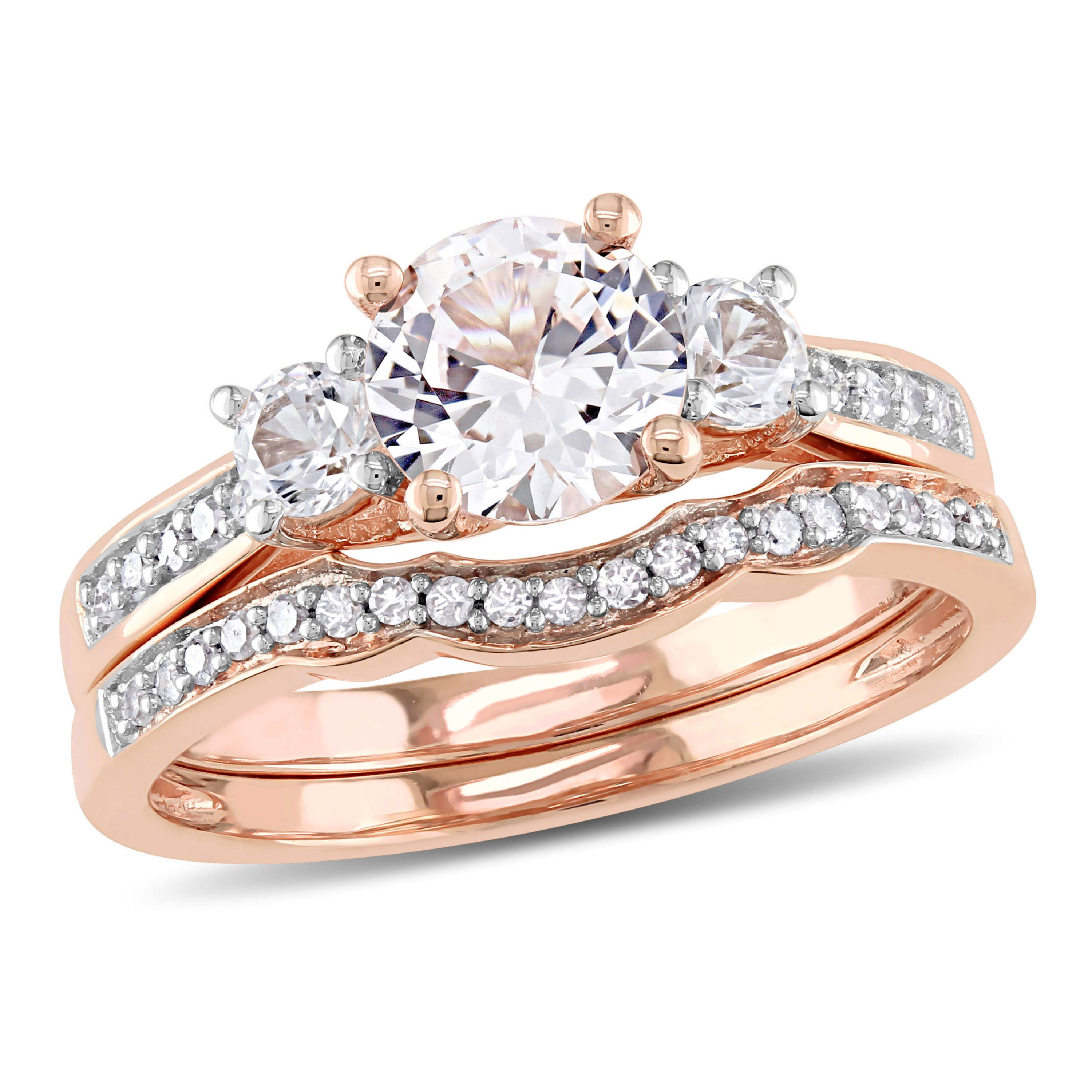 Lab Created Created White Sapphire and 1/8 ct. t.w. Diamond Bridal Ring Set in 10K Rose Gold