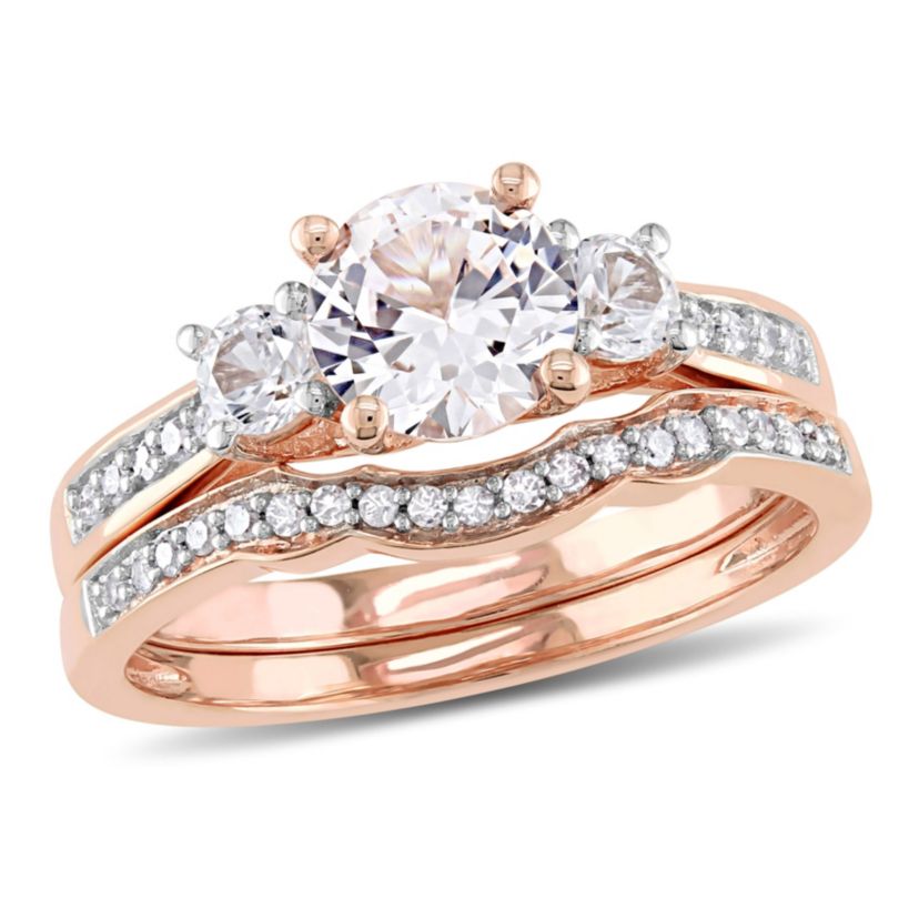 Lab Created Created White Sapphire and 1/8 ct. t.w. Diamond Bridal Ring Set in 10K Rose Gold