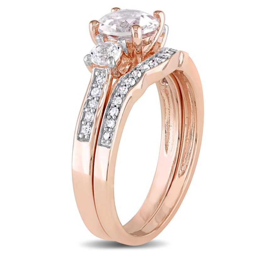 Lab Created Created White Sapphire and 1/8 ct. t.w. Diamond Bridal Ring Set in 10K Rose Gold