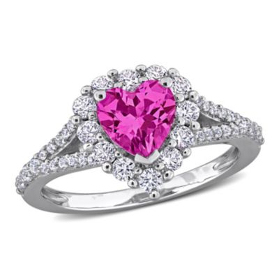 Belk & Co Lab Created Pink and White Sapphire Halo Heart Engagement Ring in Sterling Silver, 9