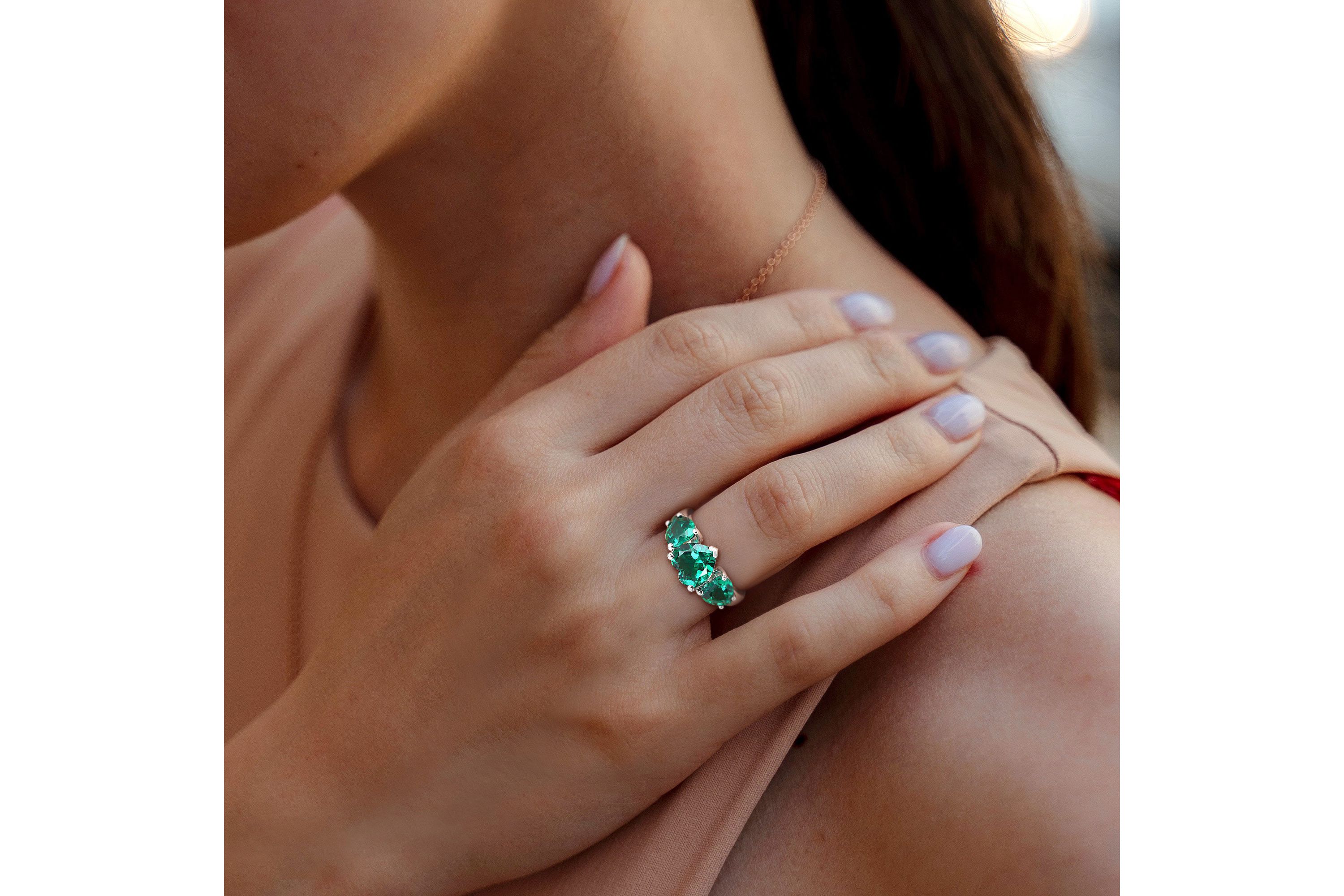 Lab Created Created Emerald 3-Stone Heart Ring in Sterling Silver