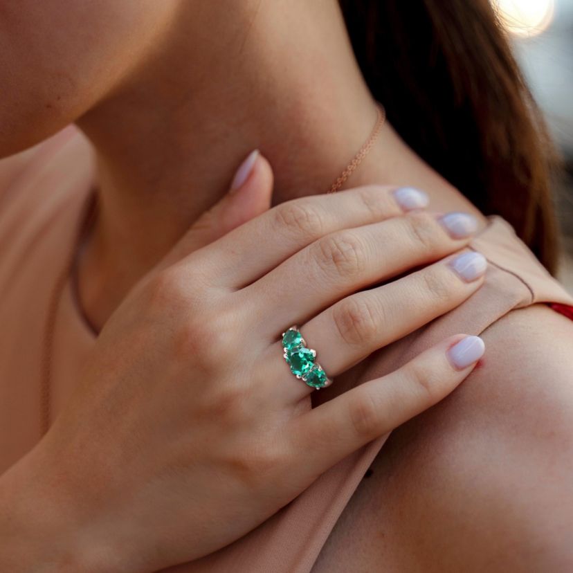 Lab Created Created Emerald 3-Stone Heart Ring in Sterling Silver