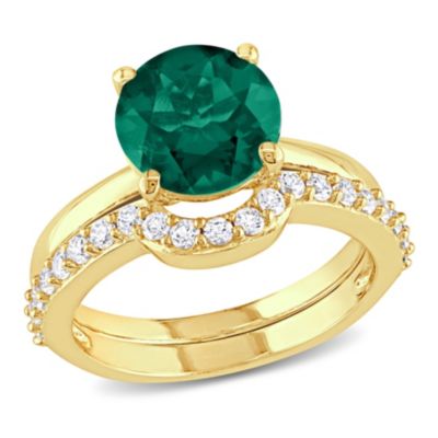 Lab Created Emerald and White Sapphire Bridal Ring Set 10K Yellow Gold