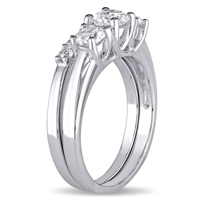 Lab Created Created White Sapphire 3-Stone Bridal Ring Set in 10K White Gold