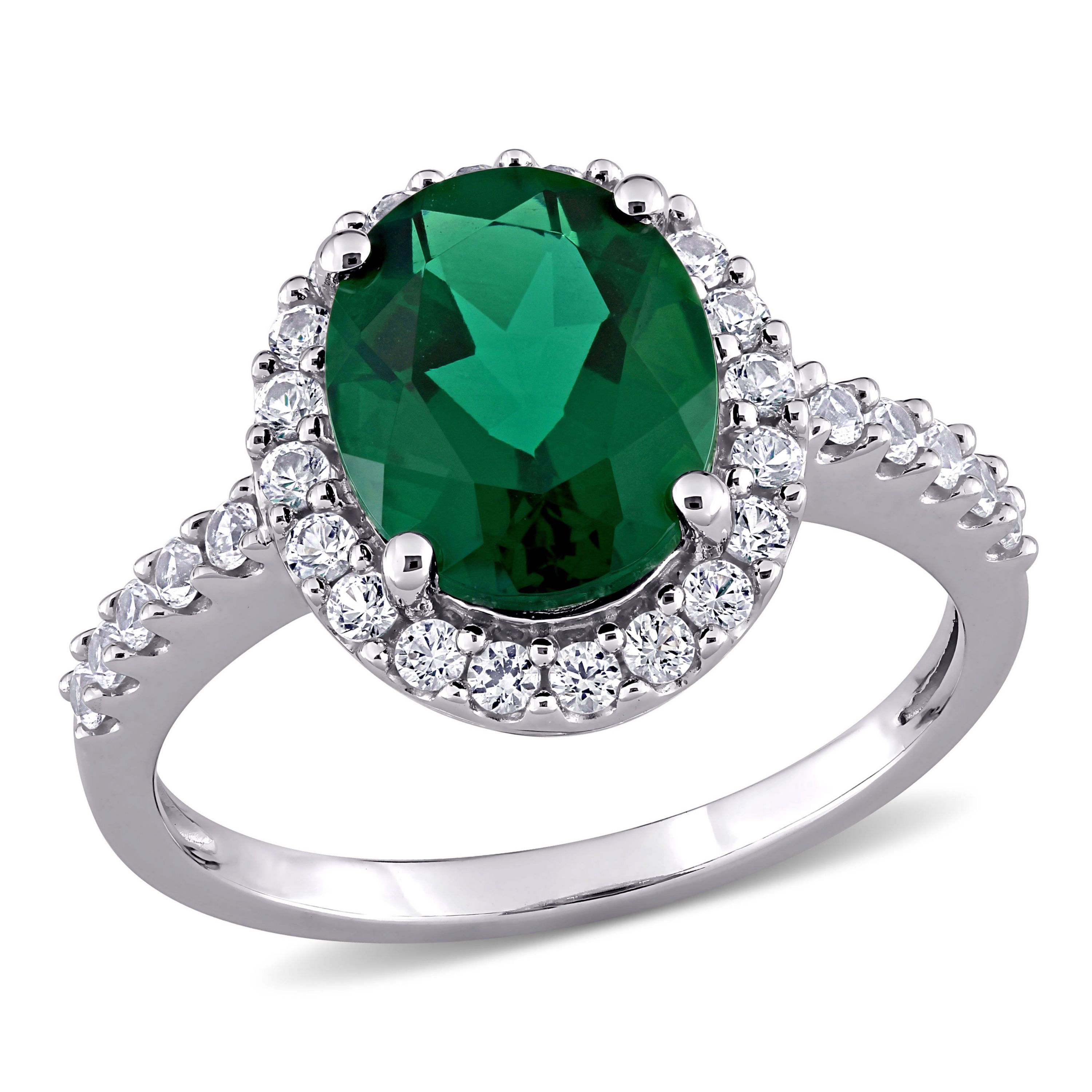 Lab Created Created Emerald and Created White Sapphire Halo Engagement Ring in 10K White Gold