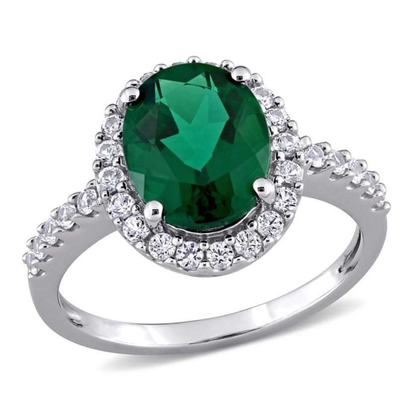 Lab Created Created Emerald and Created White Sapphire Halo Engagement Ring in 10K White Gold