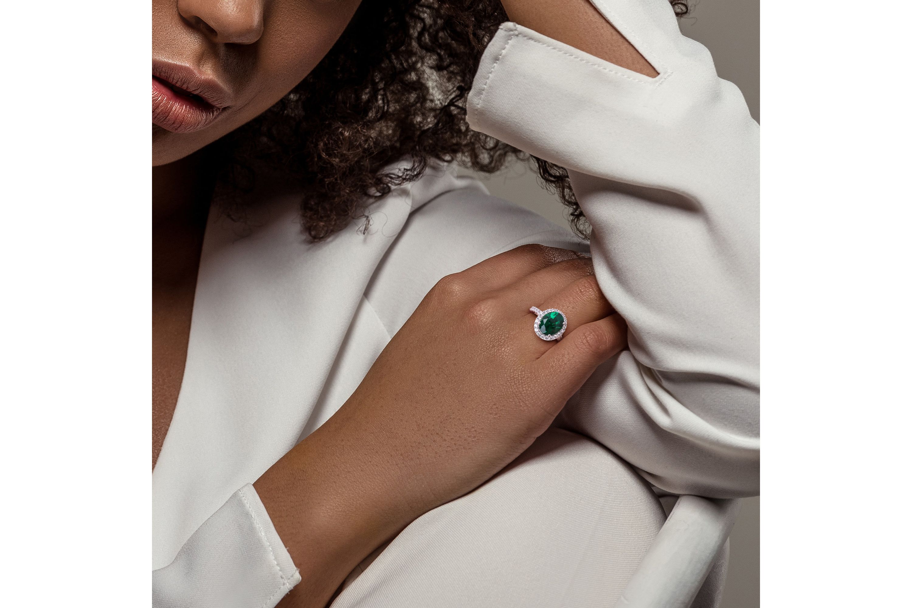 Lab Created Created Emerald and Created White Sapphire Halo Engagement Ring in 10K White Gold