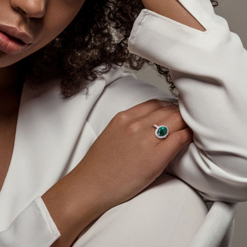 Lab Created Created Emerald and Created White Sapphire Halo Engagement Ring in 10K White Gold