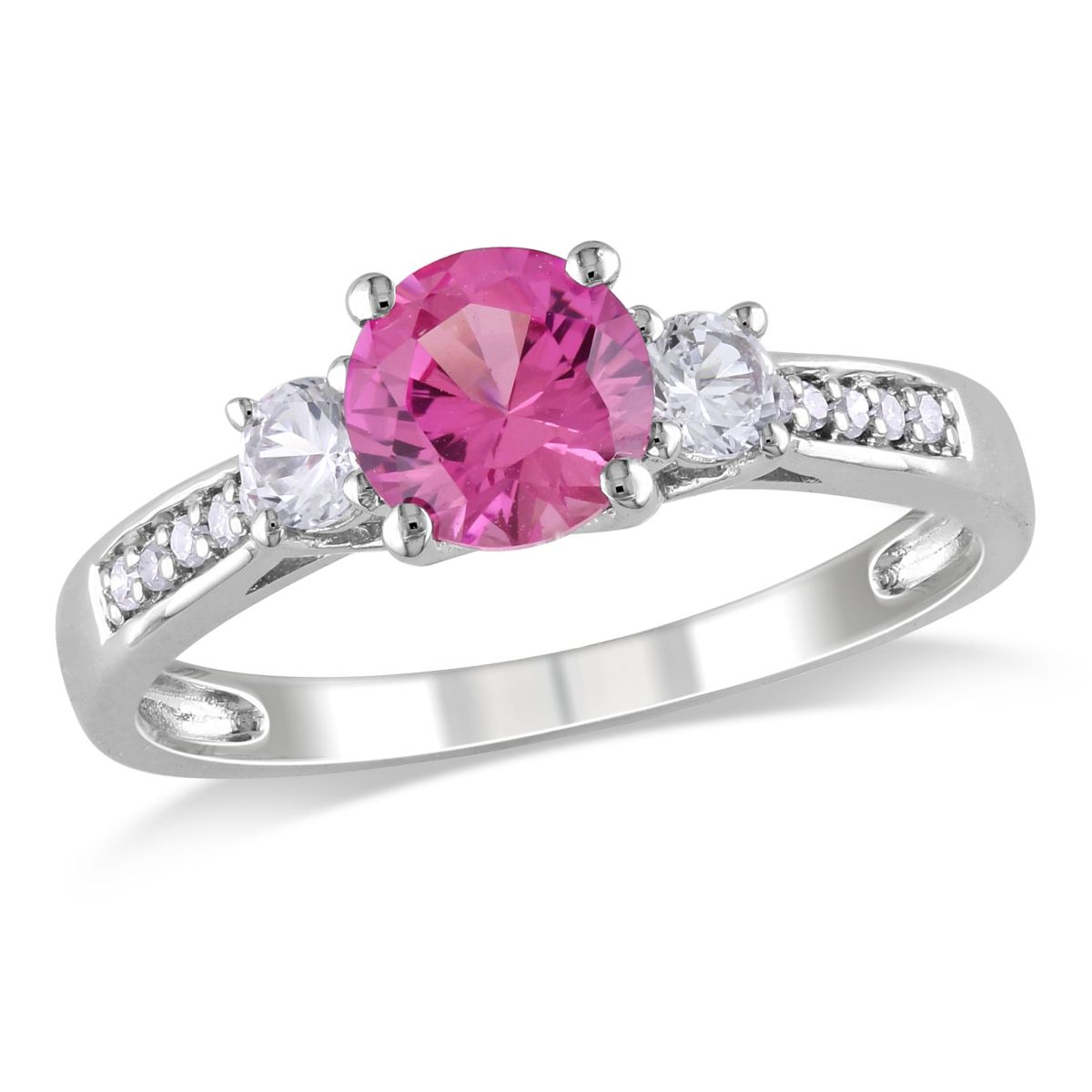 Lab Created Created Pink and Created White Sapphire with Diamond 3-Stone Engagement Ring in 10K White Gold