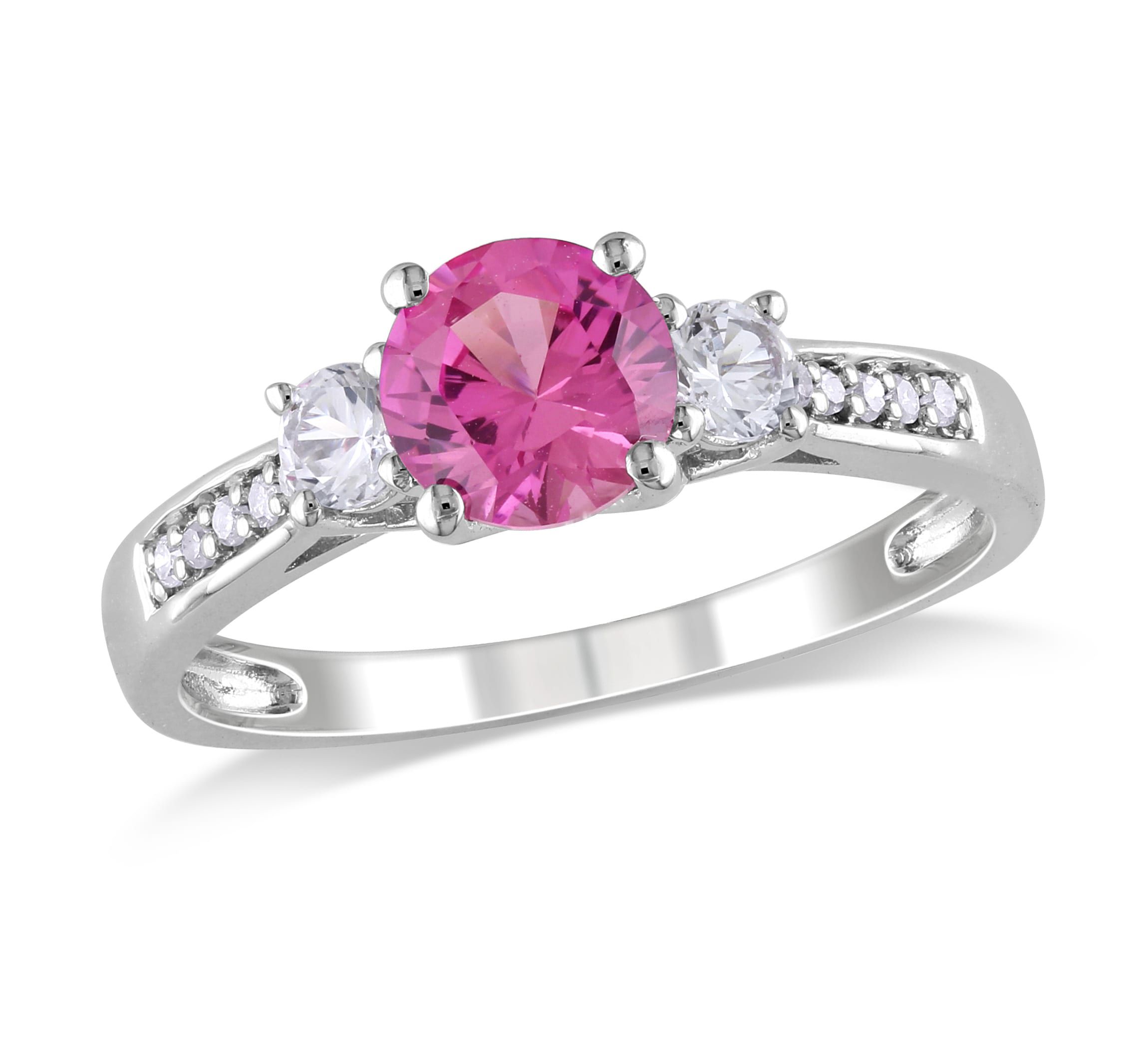 Lab Created Created Pink and Created White Sapphire with Diamond 3-Stone Engagement Ring in 10K White Gold