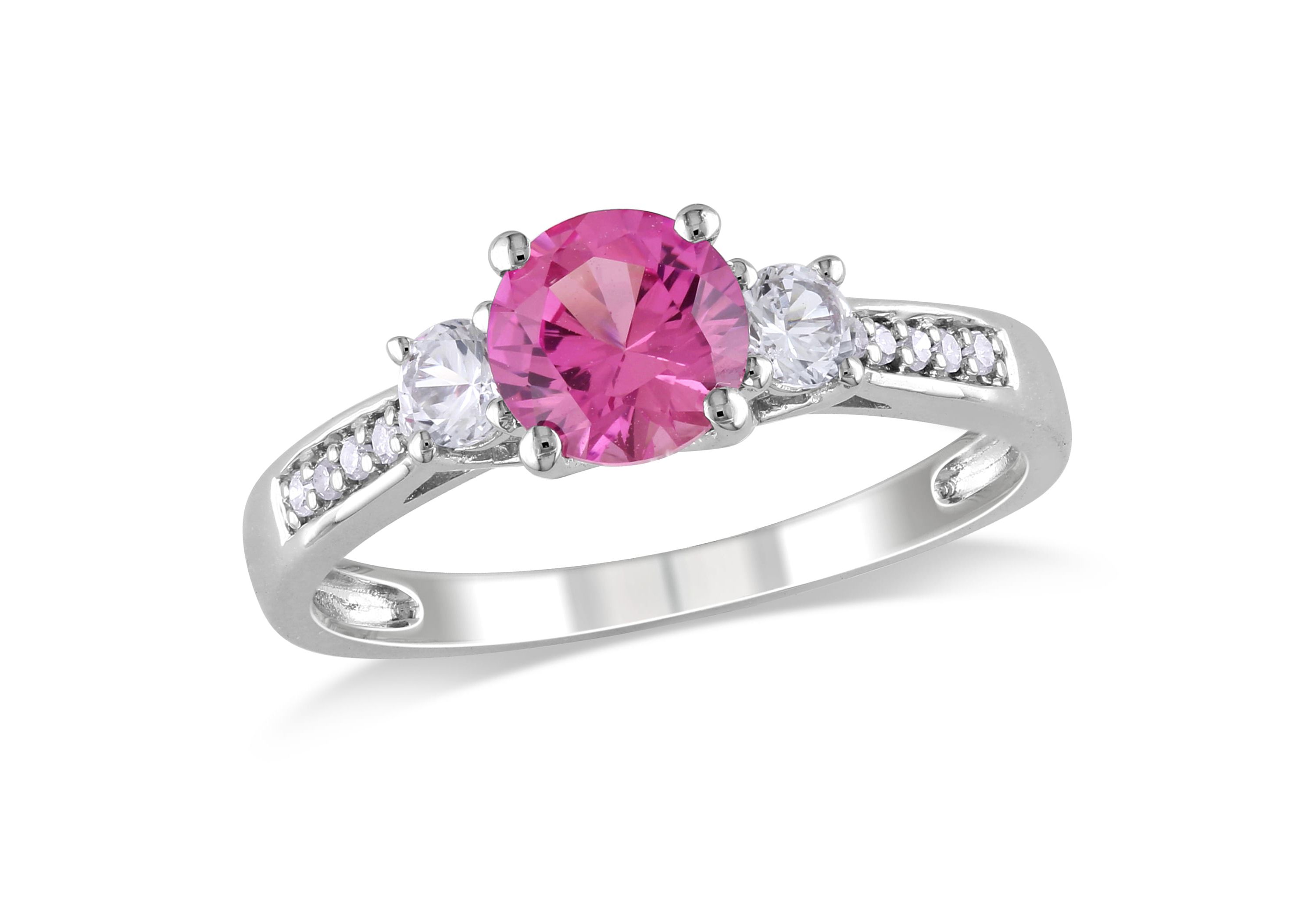 Lab Created Created Pink and Created White Sapphire with Diamond 3-Stone Engagement Ring in 10K White Gold
