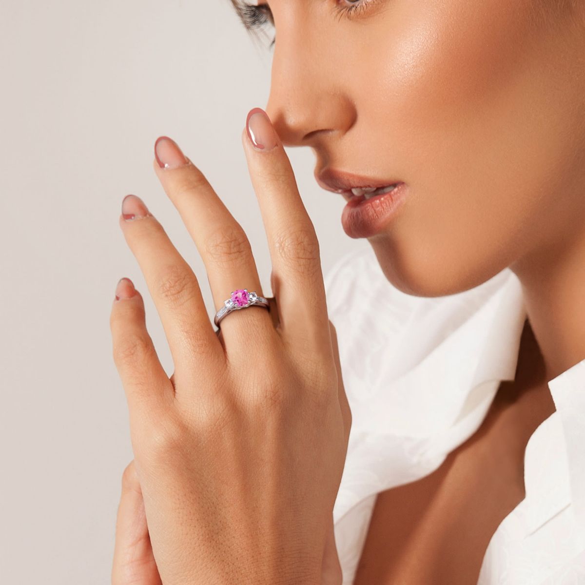 Lab Created Created Pink and Created White Sapphire with Diamond 3-Stone Engagement Ring in 10K White Gold