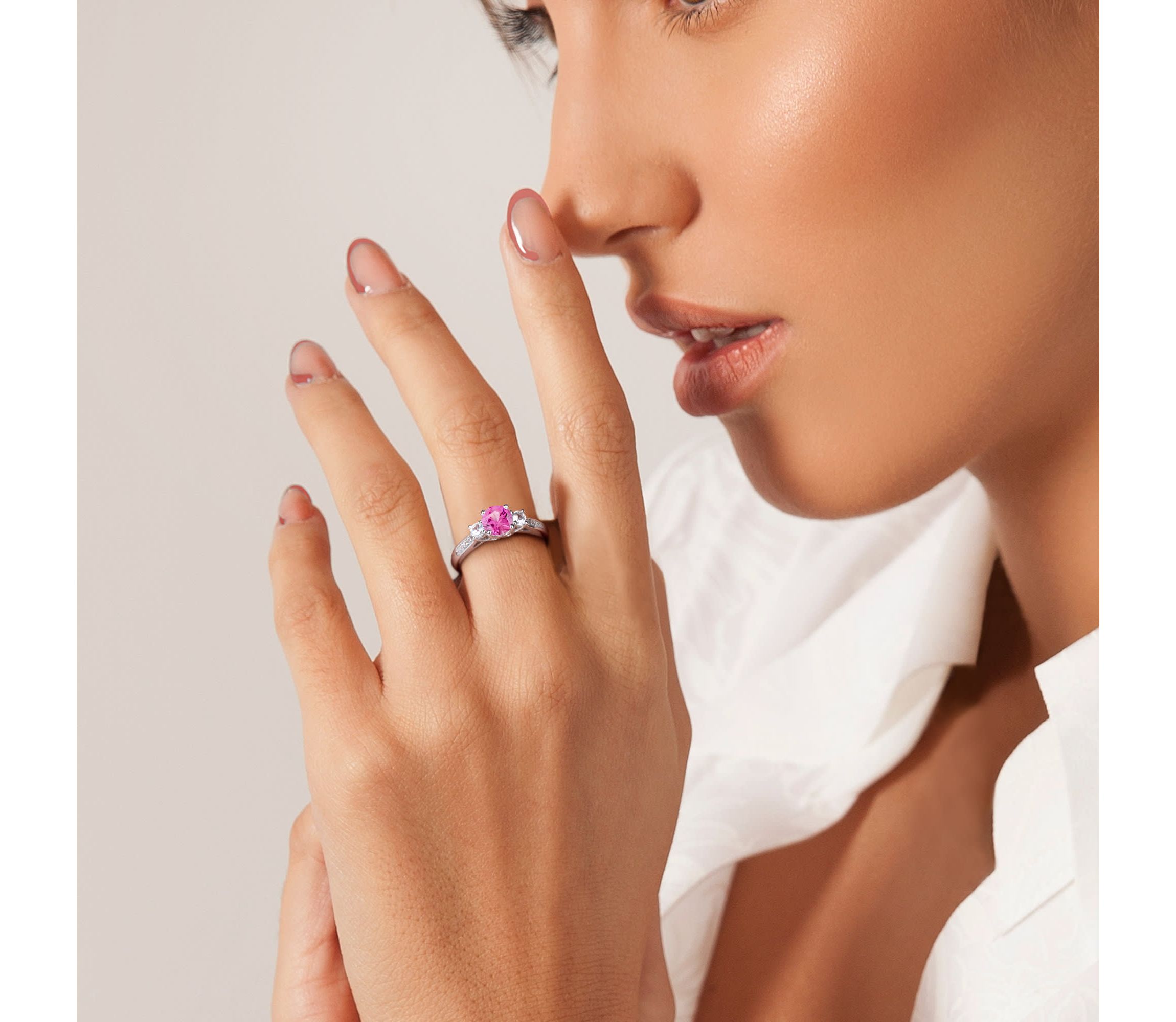Lab Created Created Pink and Created White Sapphire with Diamond 3-Stone Engagement Ring in 10K White Gold