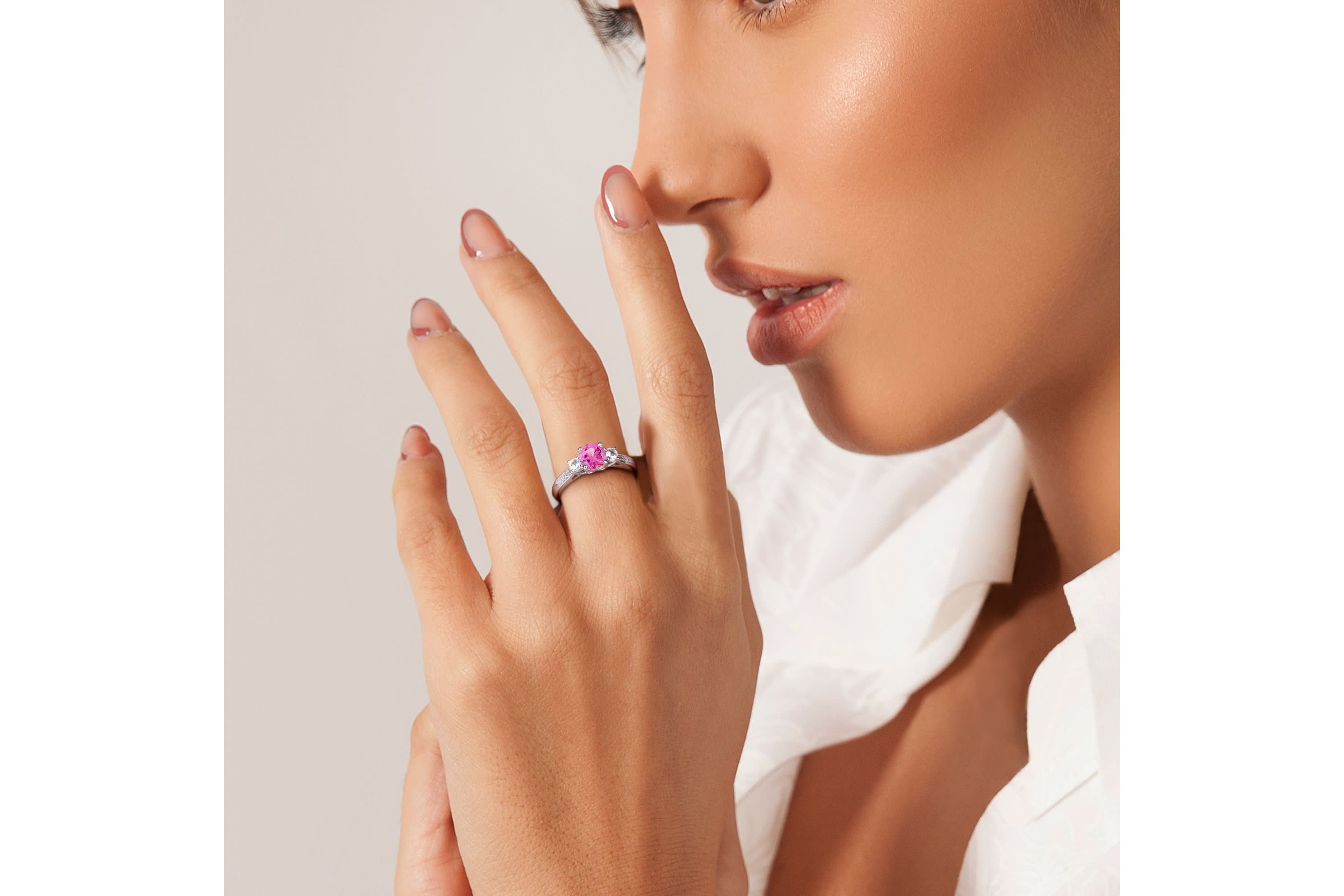 Lab Created Created Pink and Created White Sapphire with Diamond 3-Stone Engagement Ring in 10K White Gold