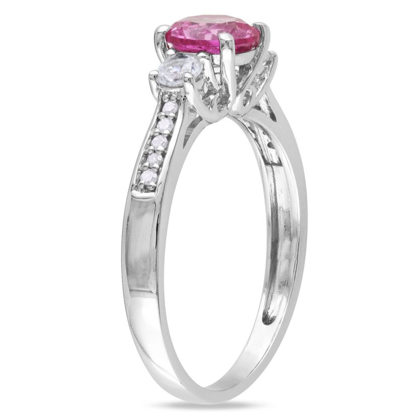 Lab Created Created Pink and Created White Sapphire with Diamond 3-Stone Engagement Ring in 10K White Gold