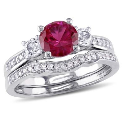 Belk & Co Lab Created Created Ruby and Created White Sapphire with 1/7 ct. t.w. Diamond 3-Stone Vintage Bridal Ring Set in 10K White Gold, 4 -  0620400333609