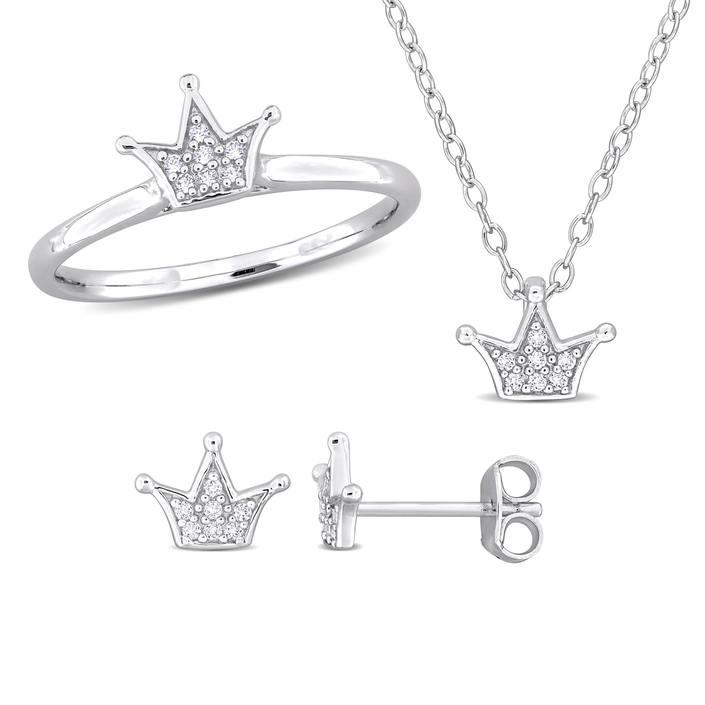 Lab Created 3-Pc Set of Created White Sapphire Crown Ring, Earrings and Pendant with Chain in Sterling Silver