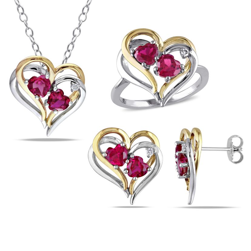 Lab Created 3-Pc Set of Created Ruby and 1/10 ct. t.w. Diamond Double Heart Ring, Earrings and Pendant with Chain in 2-Tone Sterling Silver