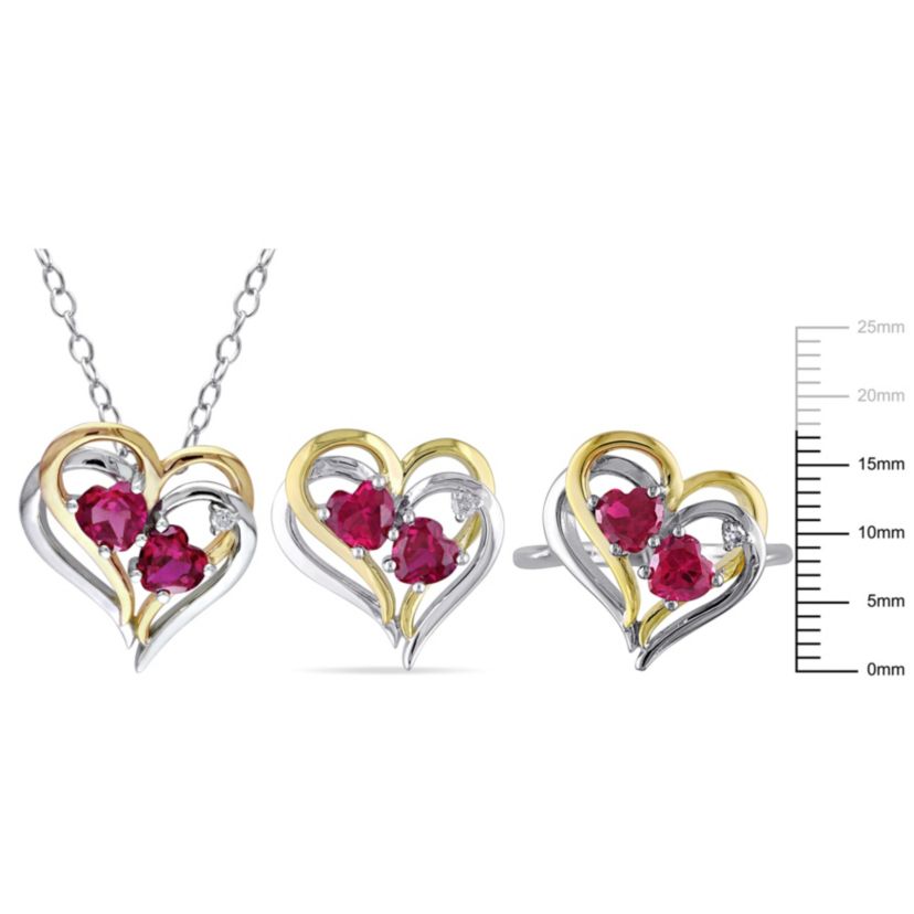 Lab Created 3-Pc Set of Created Ruby and 1/10 ct. t.w. Diamond Double Heart Ring, Earrings and Pendant with Chain in 2-Tone Sterling Silver