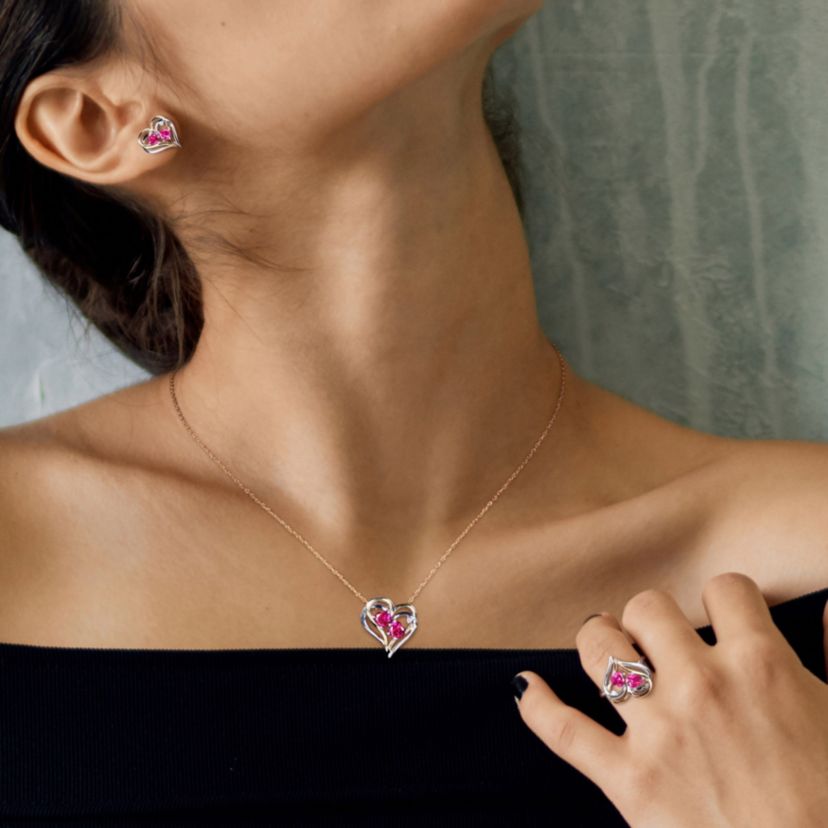 Lab Created 3-Pc Set of Created Ruby and 1/10 ct. t.w. Diamond Double Heart Ring, Earrings and Pendant with Chain in 2-Tone Sterling Silver