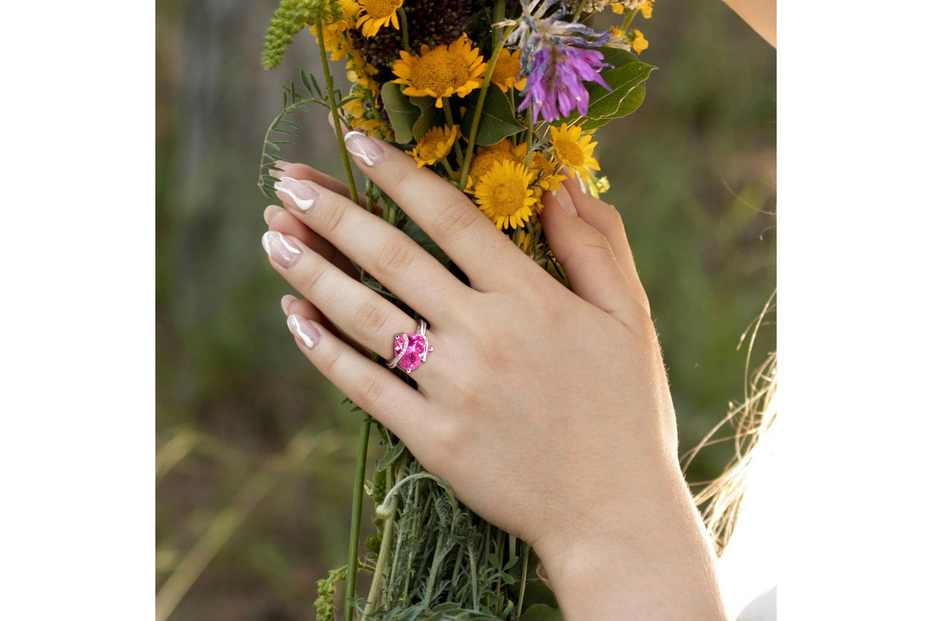 Lab Created Created Pink Sapphire and Diamond Accent Heart Wrapped Ring in Sterling Silver