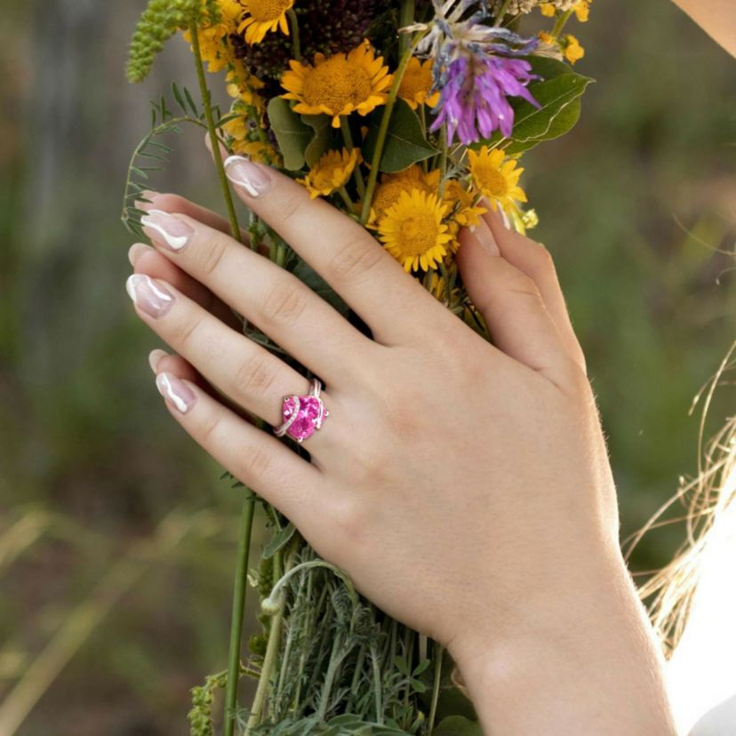 Lab Created Created Pink Sapphire and Diamond Accent Heart Wrapped Ring in Sterling Silver