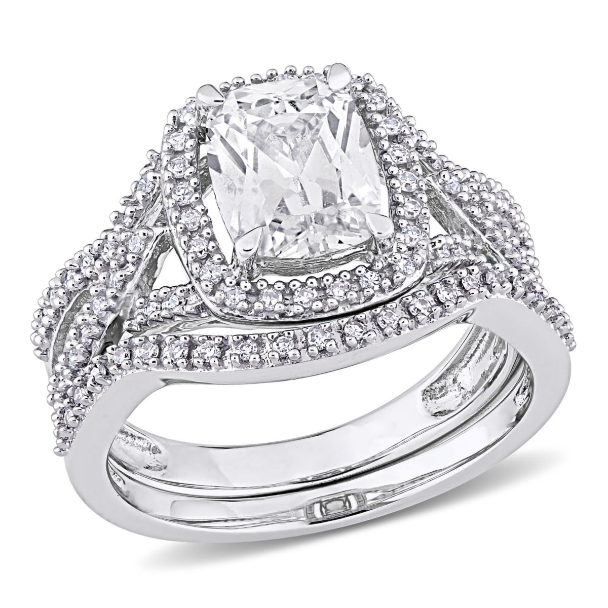 Lab Created Created White Sapphire and 1/4 ct. t.w. Diamond Bridal Ring Set in 10K White Gold