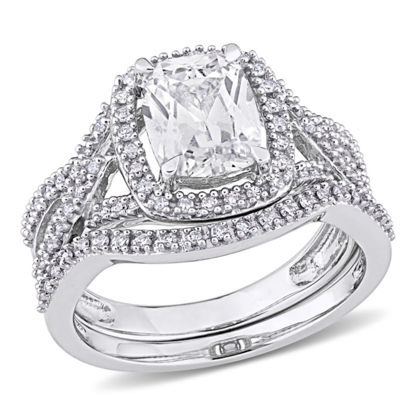 Lab Created Created White Sapphire and 1/4 ct. t.w. Diamond Bridal Ring Set in 10K White Gold