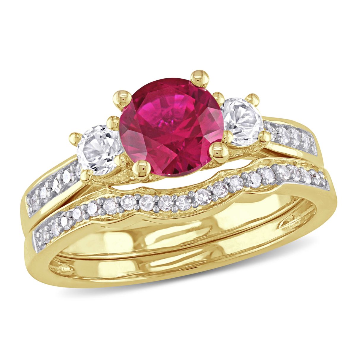 Lab Created Created Ruby and Created White Sapphire with 1/8 ct. t.w. Diamond Bridal Ring Set in 10K Yellow Gold